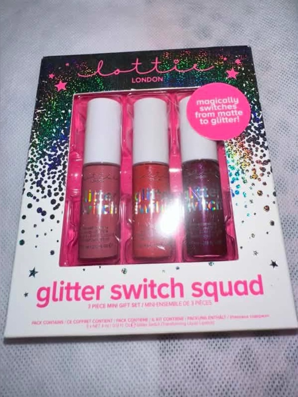 Lottie London Glitter Switch Squad - Pink Mini Lip Gloss Trio NIB GIFTS SETS